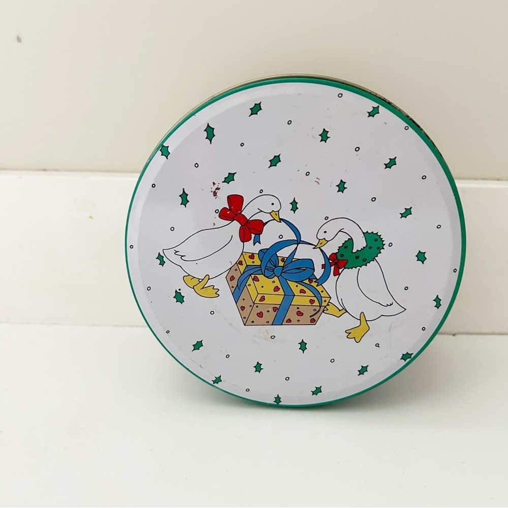 Vintage Holiday Tin with Ducks and Gifts Design- Retro One of a Kind Tin